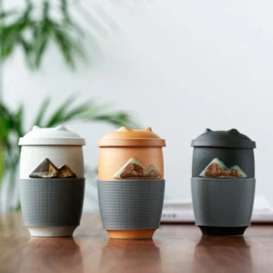 portable ceramic mountain tea mug with infuser 9.5oz all three color variants black yellow white