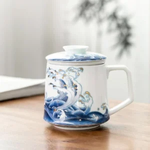 13oz ceramic ocean waves tea mug with strainer and lid full product view