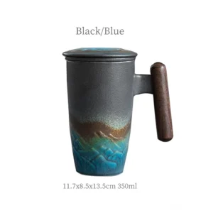 12oz ceramic tea infuser mug with lid black blue gradient mountain cloud relief