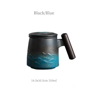 10.5oz ceramic travel tea mug infuser black blue gradient color with wood handle
