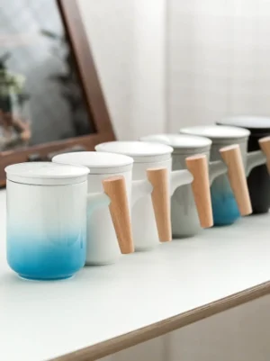 12oz ceramic tea mug with ceramic infuser lid and wooden handle tea separation