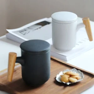 12oz ceramic tea mug with infuser lid wood handle main product view