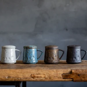 12oz ceramic tea mug with infuser and lid mountain bird relief full product view