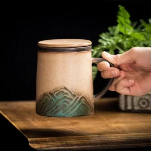 10oz ceramic tea mug with infuser and lid green mountain relief full product view