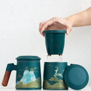 full set ceramic tea mug with stainless steel infuser and wooden handle matte finish