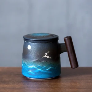14.5oz ceramic tea mug with infuser and lid moon deer pattern full product view