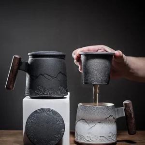 ceramic tea mug with infuser lid and wood handle overall view