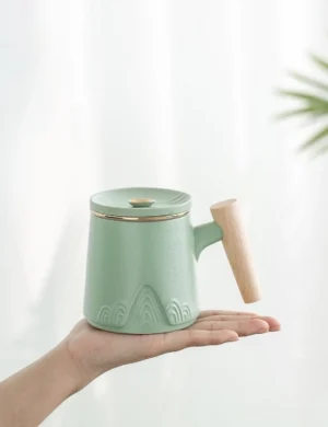 10oz ceramic tea mug with infuser lid and wood handle unboxed whole view