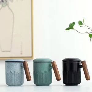 10oz ceramic tea mug with stainless steel infuser and wood handle full product view