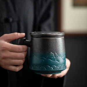 15oz large ceramic tea mug with infuser wood handle and lid main product view