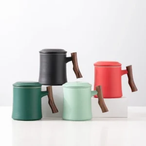 13oz ceramic tea mug with infuser lid and wooden handle overall view