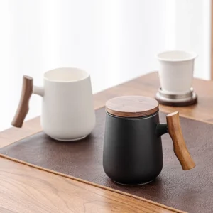 13.5oz ceramic tea mug with ceramic infuser, wooden lid and natural branch handle