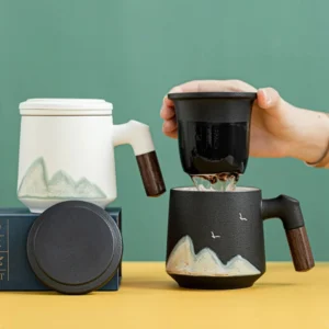 full set of ceramic tea mug with wood handle and strainer, black and white style options