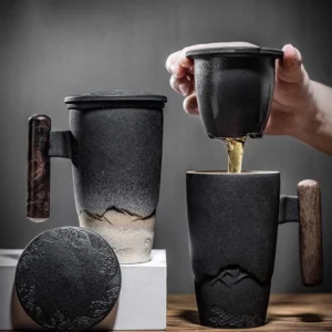 12oz ceramic tea mug with strainer and lid full view
