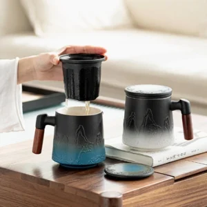 12oz ceramic tea mug with strainer lid and wood handle main product view