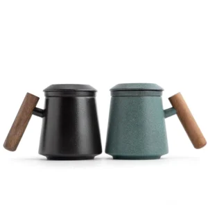 matte ceramic tea mug with built-in tea strainer and wood handle full product view