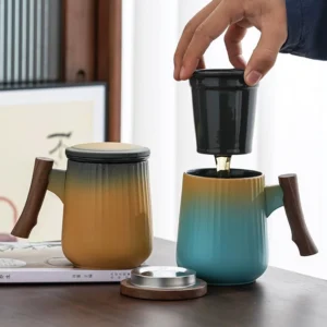 14oz gradient ceramic tea mug with wooden handle and ceramic infuser main view