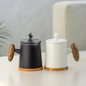 10oz ceramic tea strainer mug collection with infuser lid bamboo coaster