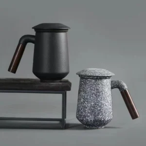 13oz built-in ceramic tea strainer mug with wooden handle group product view