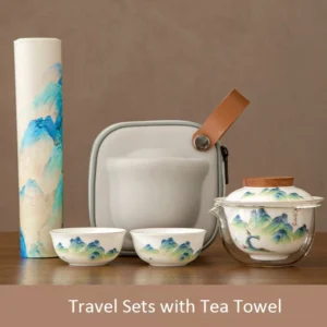 Complete portable green landscape porcelain chawan travel tea set with carrying case