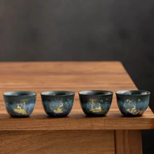 Handcrafted kiln change glaze Chinese ceramic kungfu tea cup with golden deer motif ABCD style