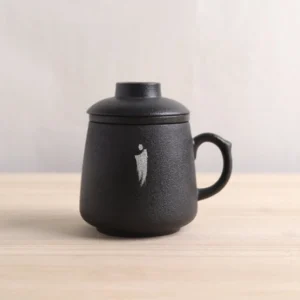 Style A Chinese matte black ceramic tea mug with infuser and wooden lid
