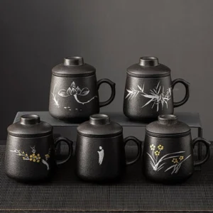 Hand-painted Chinese black ceramic tea mug with infuser and lid, 12oz capacity