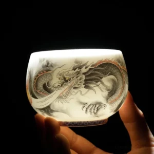 Chinese Dragon Phoenix ceramic tea cup full side view gold inner wall
