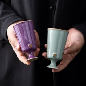 Handcrafted Chinese porcelain high foot tea cup side view