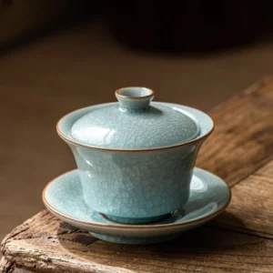 Full set Chinese Ru Yao porcelain crackle glaze gaiwan with matching fair cup and teacups