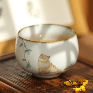 Collection of 5 styles cat pattern handcrafted ceramic Chinese tea bowls gongfu teacups