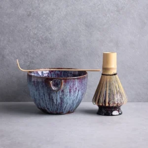Complete 14oz all-in-one matcha chawan set with all four preparation tools arranged