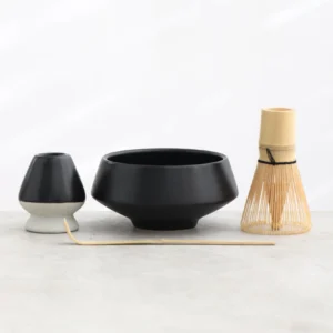 Complete black clay matcha chawan set with all tools displayed