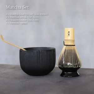 complete 4-piece black matcha tea bowl set with all tools included
