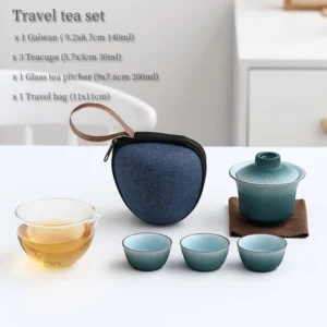 Complete portable chawan travel tea set with padded carrying bag, blue green gradient ceramic gaiwan and teacups