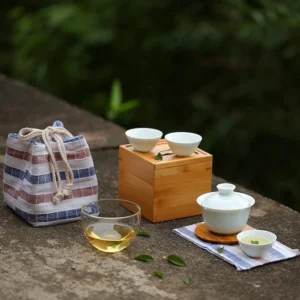 Complete portable chawan travel tea set full view with cloth bag
