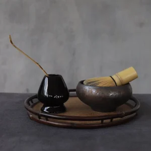 Complete full set of black ceramic matcha chawan with bamboo whisk, holder and scoop