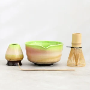 Complete gradient ceramic 17oz Japanese matcha chawan set full view