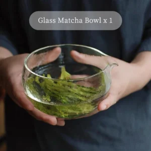 Complete hammered glass matcha chawan set with bamboo whisk, holder and spoon
