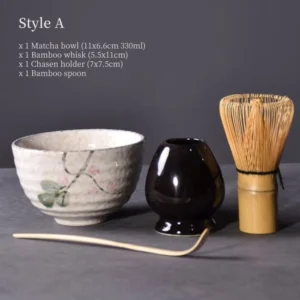 Style A complete 4-piece matcha chawan bowl set with chasen, chashaku and naoshi