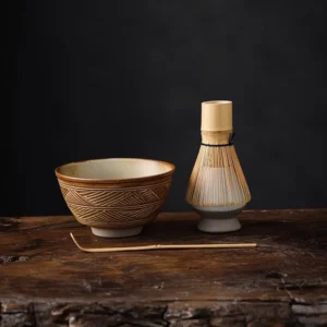 Complete 4 piece traditional matcha chawan bowl set with all tools displayed