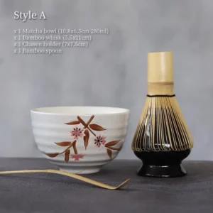 Complete matcha chawan tea bowl set style A with white cherry blossom ceramic matcha bowl