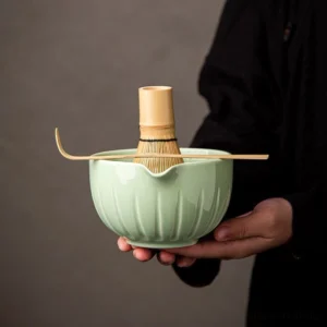 complete traditional matcha tea bowl set with all tools arranged