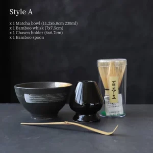 Complete traditional matcha tea bowl set style A black ceramic matcha chawan with bamboo whisk, holder and scoop