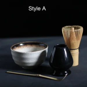 Complete traditional matcha tea bowl set style A white speckled matcha chawan with all tools