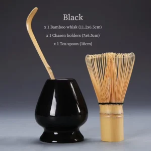 black ceramic naoshi with bamboo chasen and chashaku complete matcha tool set