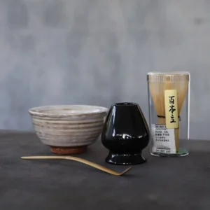 Complete traditional 4-piece matcha whisking set with matcha chawan, bamboo chasen, chasen holder and bamboo chashaku