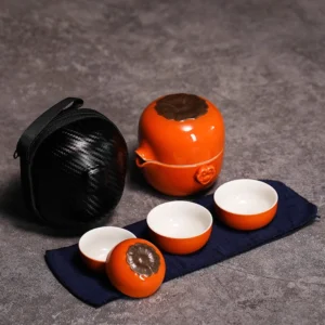 Complete orange persimmon shaped portable travel gongfu chawan tea set with carrying bag
