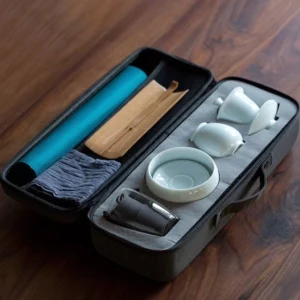 Complete porcelain travel chawan set full unboxed view with blue tea mat