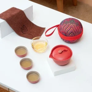 Complete portable ceramic Chawan Gongfu travel tea set with carrying bag, all pieces displayed